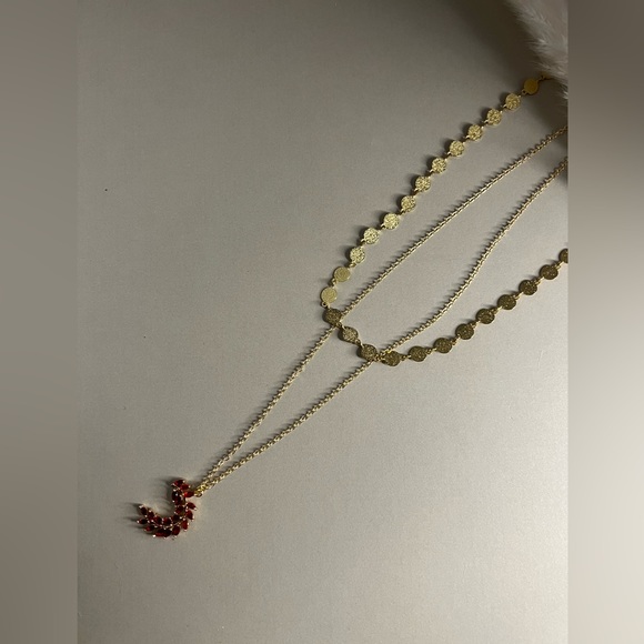 Romantic Gold & Red Cubic Zirconia Leaf Pendant Necklace Set - Glam Necklace - Picture 6 of 9